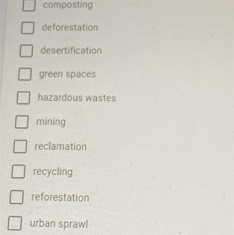 What are POSITIVE impacts on the land? composting deforestation desertification green-example-1