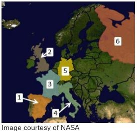 List all six countries on the map above in order from the least populated to the most-example-1