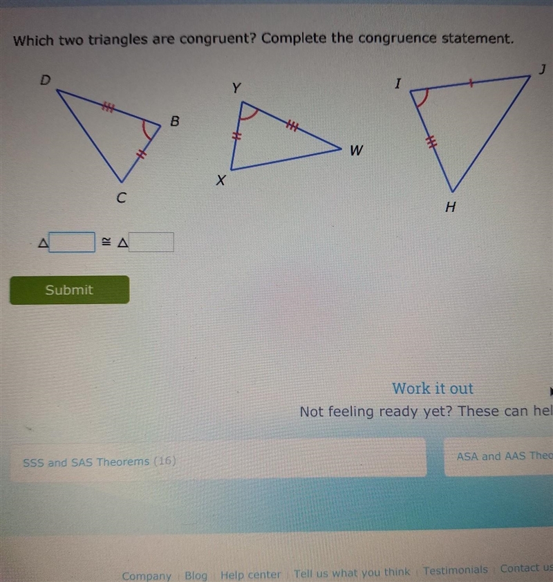 Which two triangles are congruent? Complete the congruence statement. ​-example-1