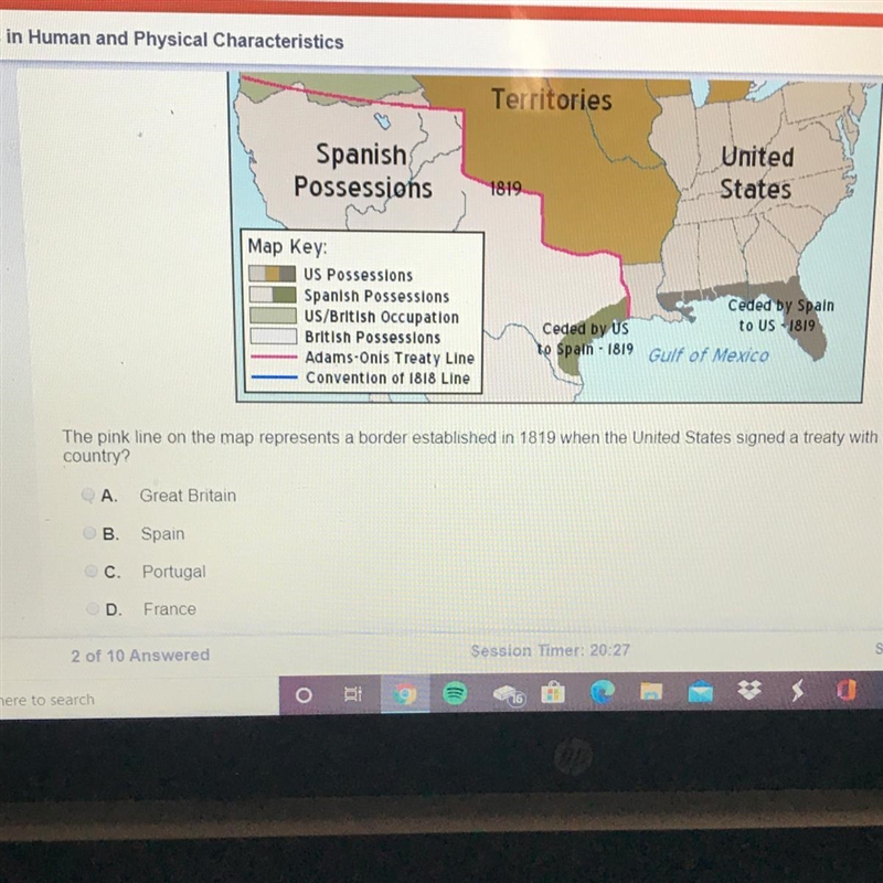 The pink line on the map represents a border established in 1819 when the United States-example-1