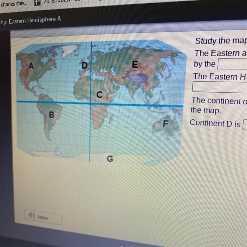 Study the map, then complete the sentences. The Eastern and Western Hemispheres are-example-1