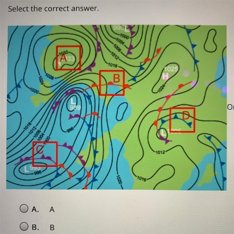 Select the correct answer. On the map, which symbol represents a cold front? Choose-example-1