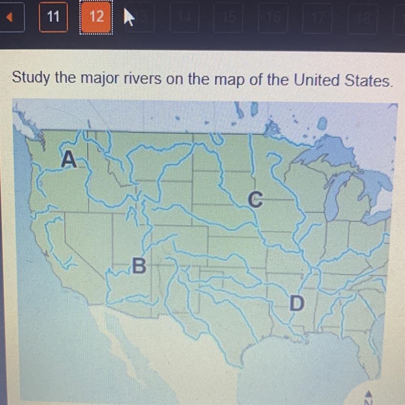 Study the major rivers on the map of the United States. Which river is marked with-example-1