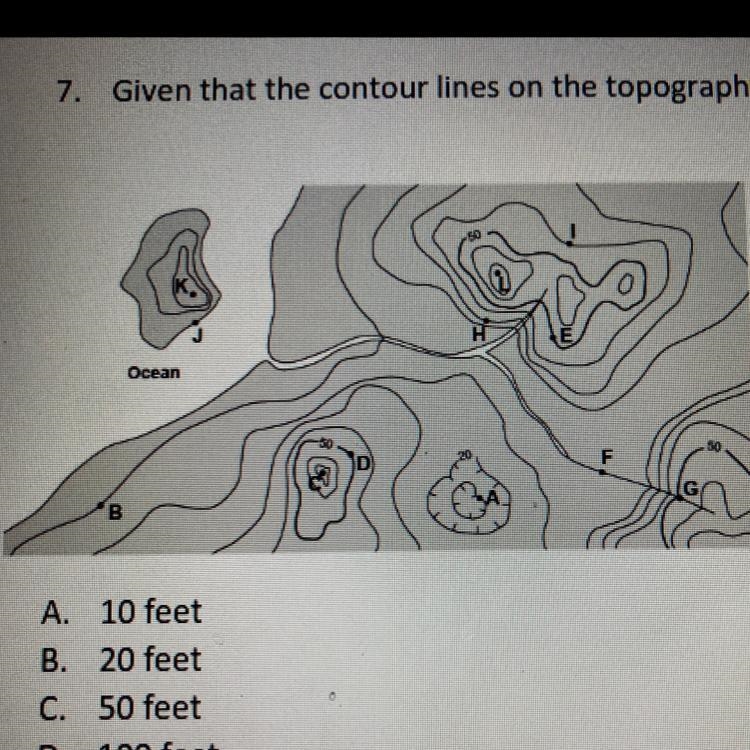 7. Given that the contour lines on the topographic map are in feet, what is the contour-example-1