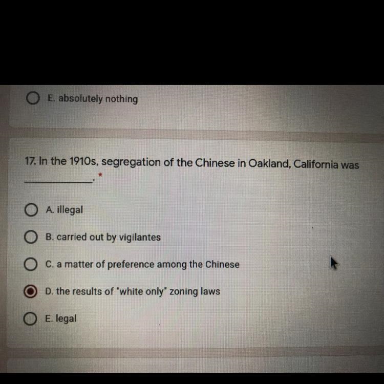 In the 1910's segregation of the Chinese in Oakland, California was￼________-example-1