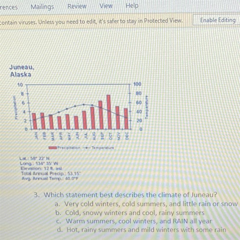 3. Which statement best describes the climate of Juneau? a. Very cold winters, cold-example-1