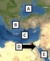 Which two bodies of water are connected by the Suez Canal on the map above? A. Letter-example-1