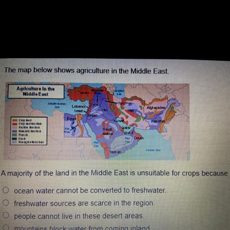 The map below shows agriculture in the Middle East. Agriculture in the Middle East-example-1