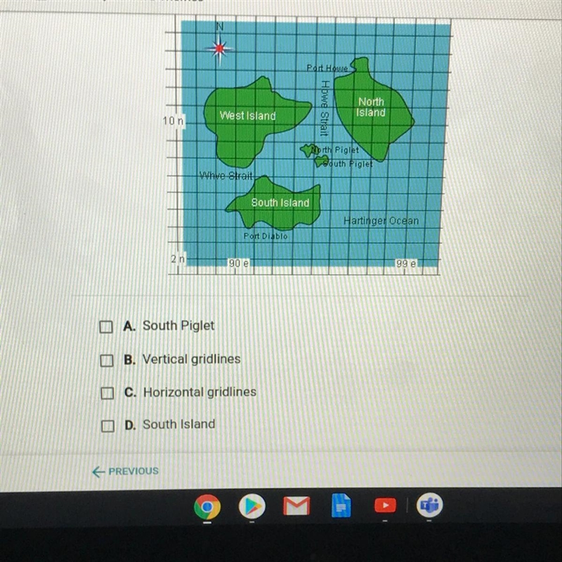 In this fictional map, which elements suggest relative location? A. south piglet B-example-1