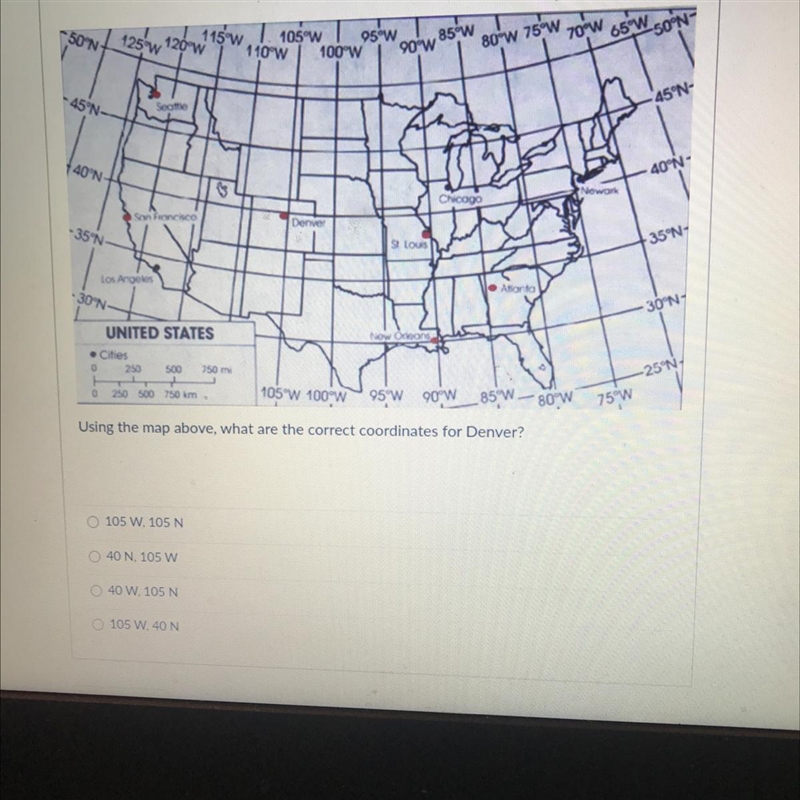 Will give brainless Using the map above, what are the correct coordinates for Denver-example-1