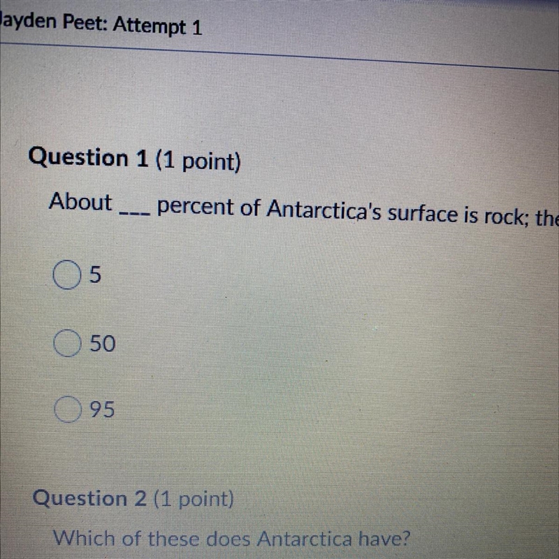 About percent of Antarctica's surface is rock; the rest is ice. 5 50 95-example-1