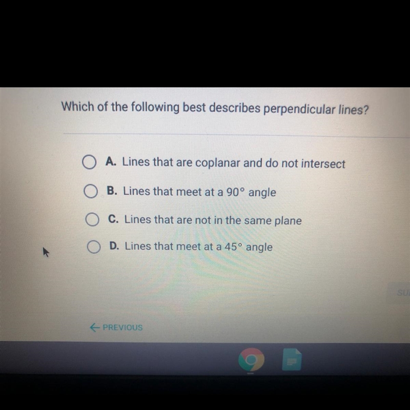 Which on the lines best describes perpendicular lines?-example-1