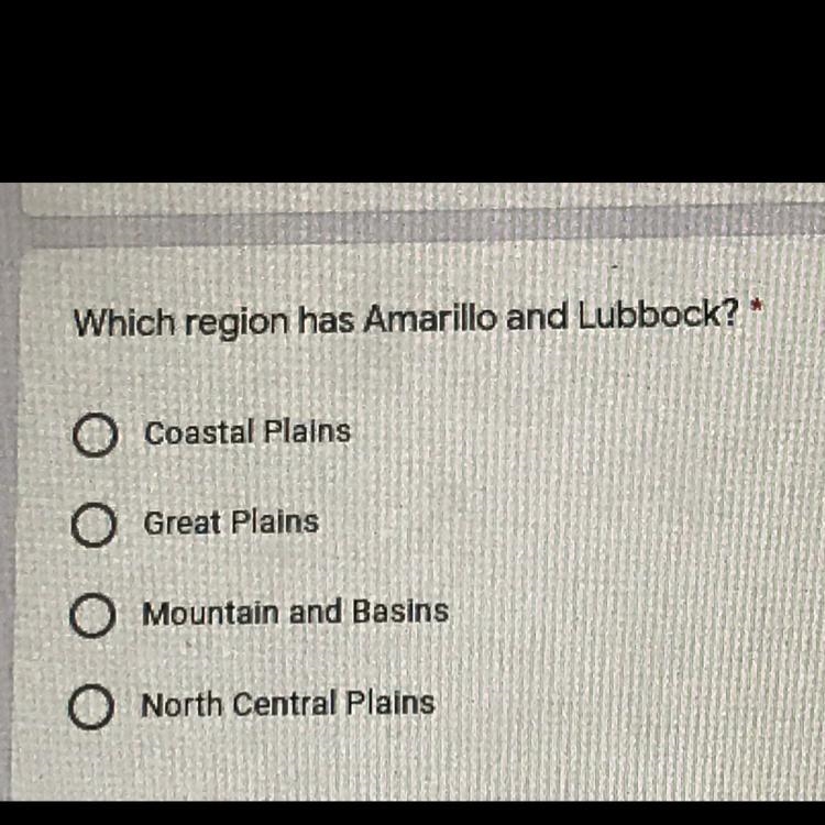 Which region has Amarillo and Lubbock? A. Coastal Plains B. Great Plains C. Mountain-example-1