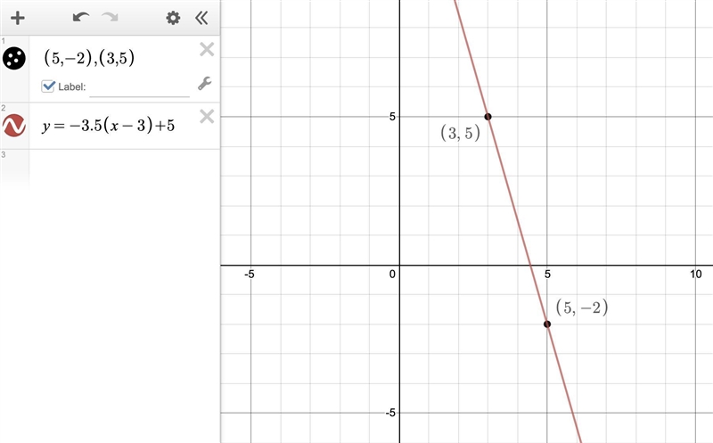 Find the slope of the line that passes through (5,-2) (3,5)-example-1