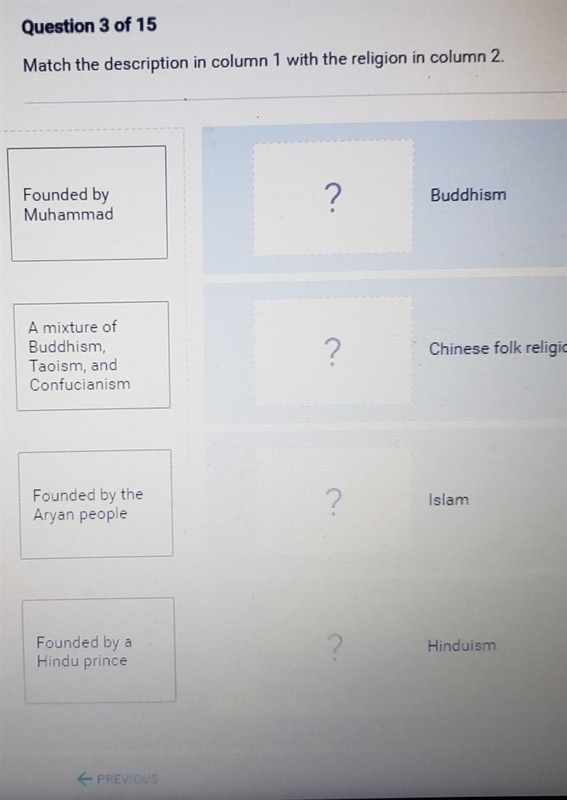 I need help !!!! Match the description in column 1 with the religion in column 2. Founded-example-1