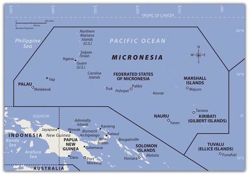 Which area on the map is the APPROXIMATE location of the region known as Micronesia-example-1