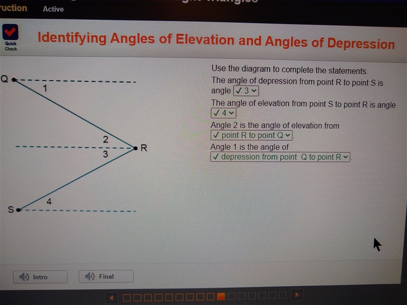 Use the diagram to complete the statements. The angle of depression from point R to-example-1