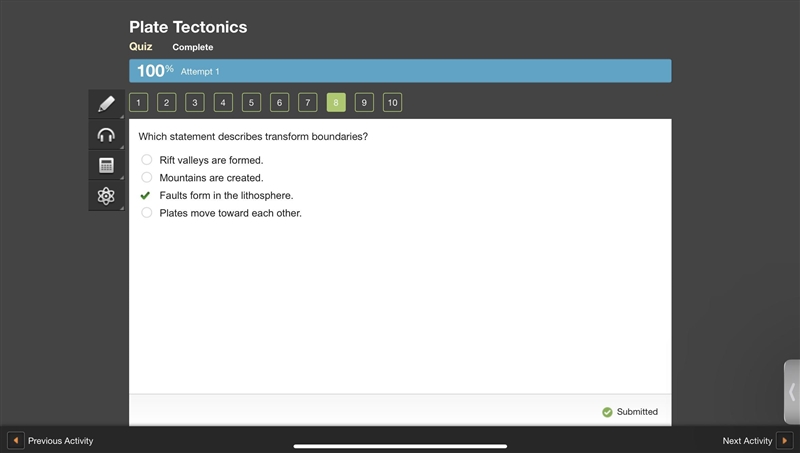 PLEASE HELP TAKING QUIZ Which statement describes transform boundaries? A. Rift valleys-example-1