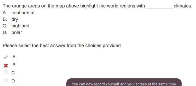 The orange areas on the map above highlight the world regions with __________ climates-example-1