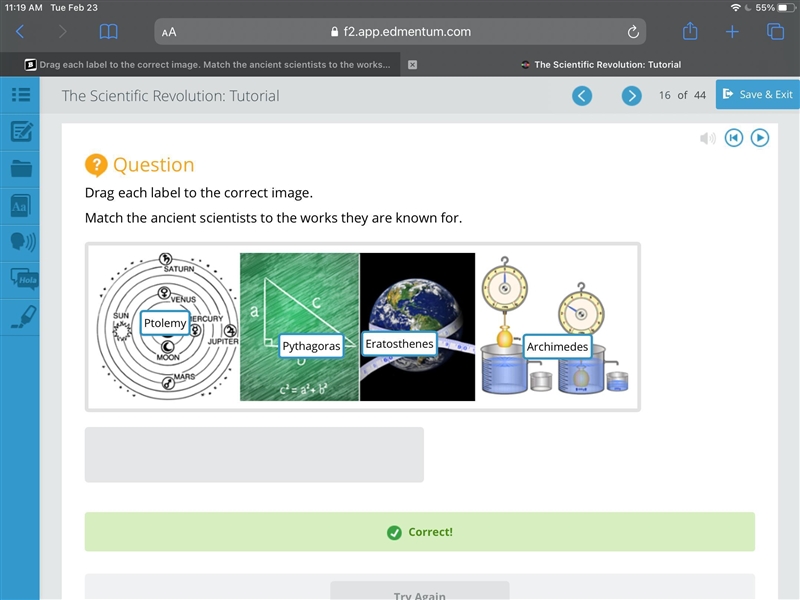 Drag each label to the correct image. Match the ancient scientists to the works they-example-1