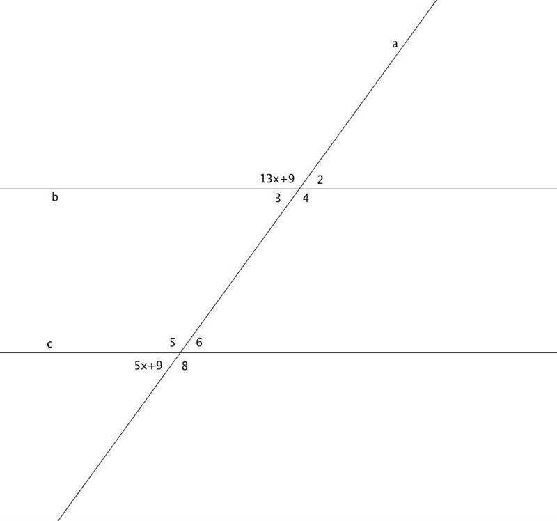 Lines b and c are parallel. Horizontal and parallel lines b and c are cut by transversal-example-1