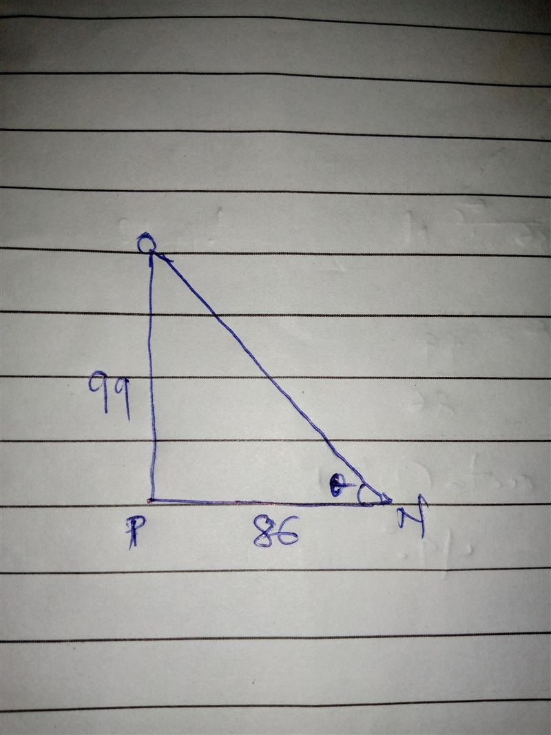 In ΔNOP, the measure of ∠P=90°, OP = 99 feet, and PN = 86 feet. Find the measure of-example-1