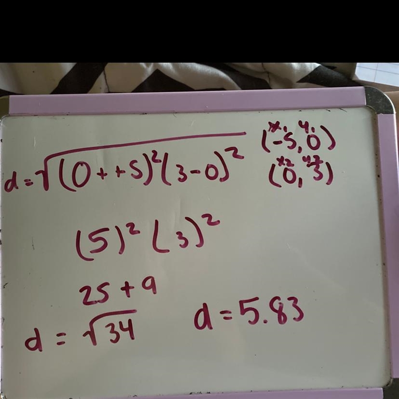 What is the distance between (-5,0) and (0, 3)? Round your answer to 2 decimal places-example-1