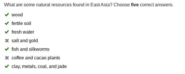 What are some natural resources found in East Asia? Choose five correct answers. wood-example-1