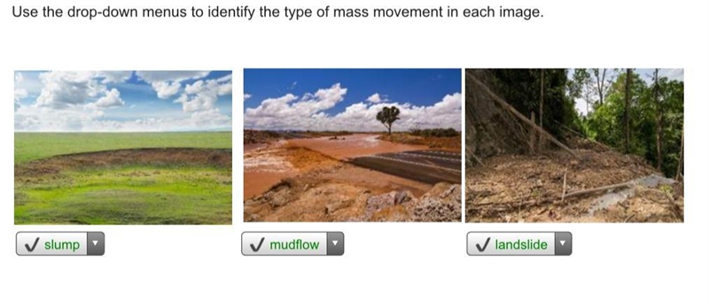 Use the drop-down menus to identify the type of mass movement in each image.-example-1