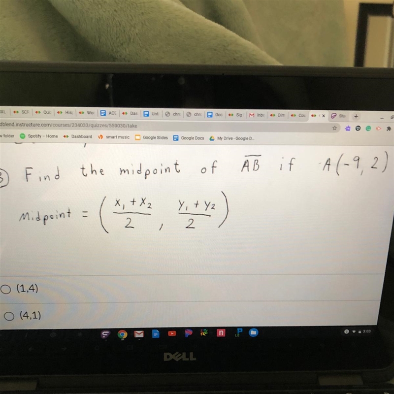 Find the midpoint of AB if A(-9, 2) and B(5,-4).Midpoint =< X+ X2 2 y + Y 2 &gt-example-1