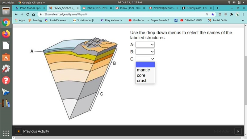 Diagram of Earth apostrophe s layers with labels A through C. A: top layer. B: Layers-example-1