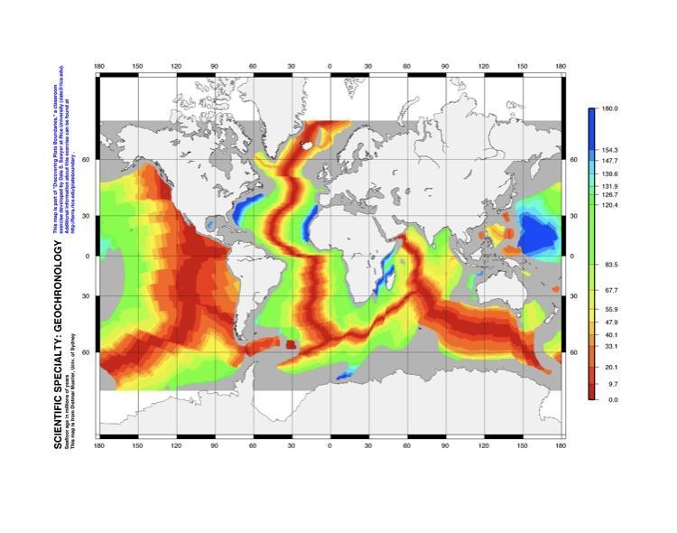 The red areas on the map show ________________ crust, while the blue & green areas-example-1