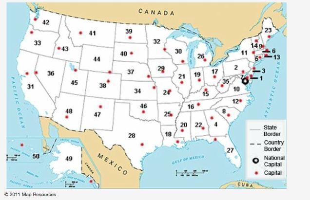 Identify the capital and state labeled #36 on the map above. Carson City, Nevada Boise-example-1