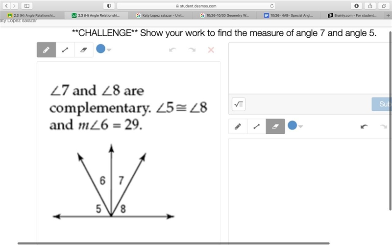 **CHALLENGE** Show your work to find the measure of angle 7 and angle 5.-example-1