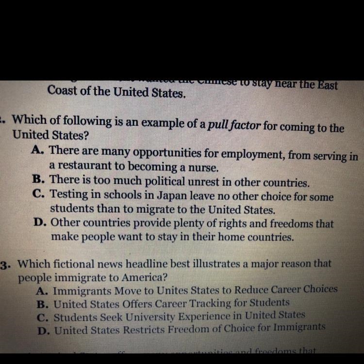 What is the example of a pull factor for coming to the United States-example-1