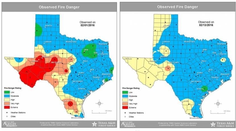 The maps shown provide observed fire danger for the state of Texas for dates two weeks-example-1