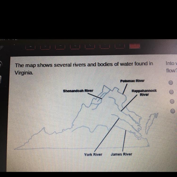 The map shows several rivers and bodies of water found in Virginia. Into which body-example-1