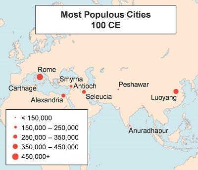 The map shows the most populated cities in the ancient world in 100 CE. Which two-example-1