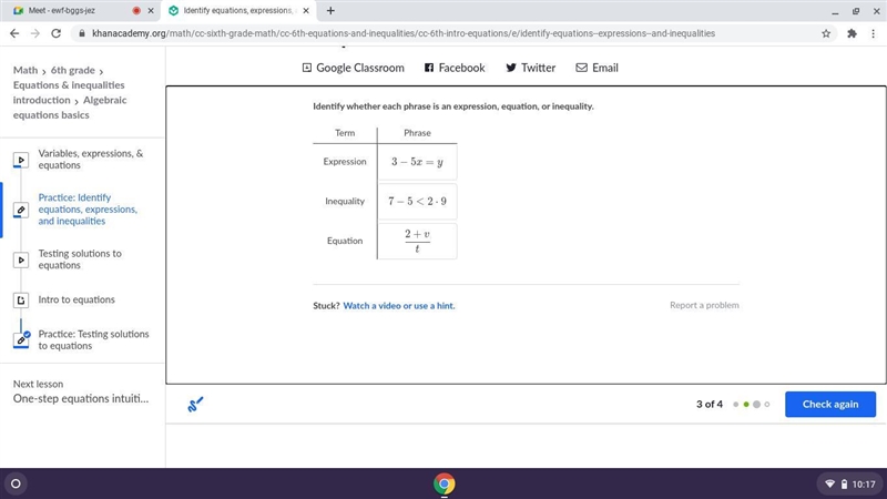 Identify whether each phrase is an expression, equation, or inequality.-example-1