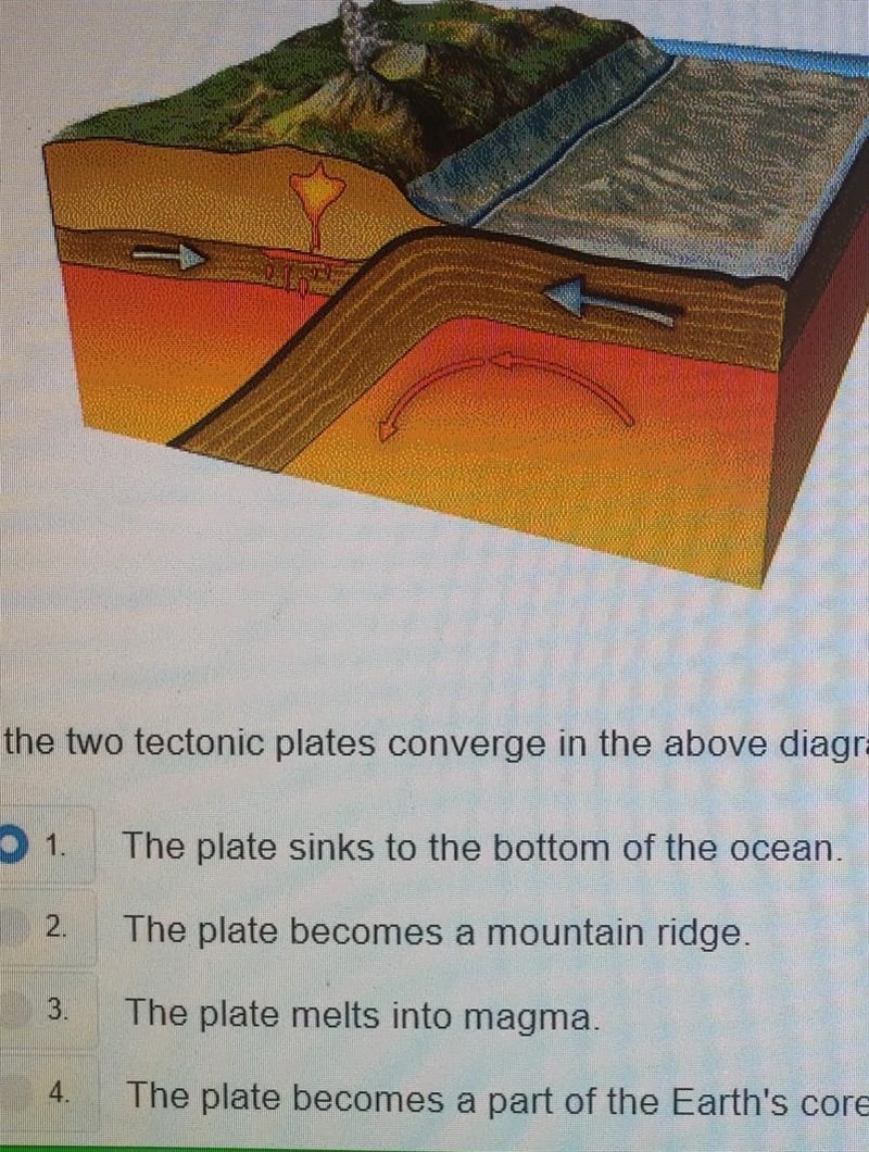 As the two tectonic plates converge in the above diagram, what happens to the plate-example-1