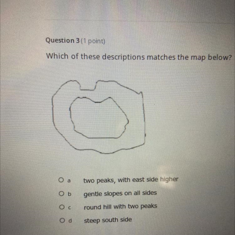 Which of these descriptions matches the map below? Оа two peaks, with east side higher-example-1