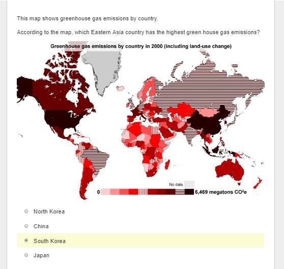 This map shows greenhouse gas emissions by country. According to the map, which Eastern-example-1