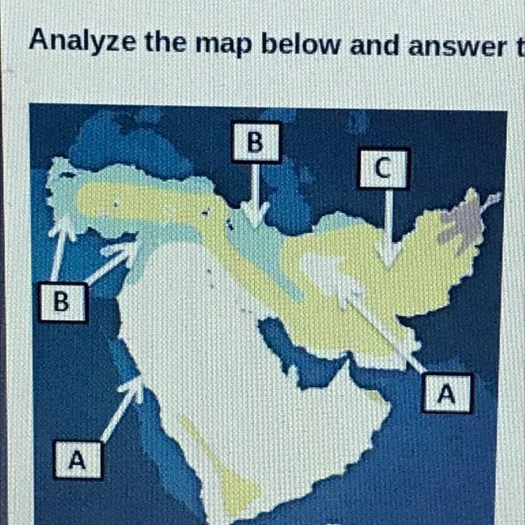 On the map above, the areas in light yellow (Letter A) have what type of climate? A-example-1