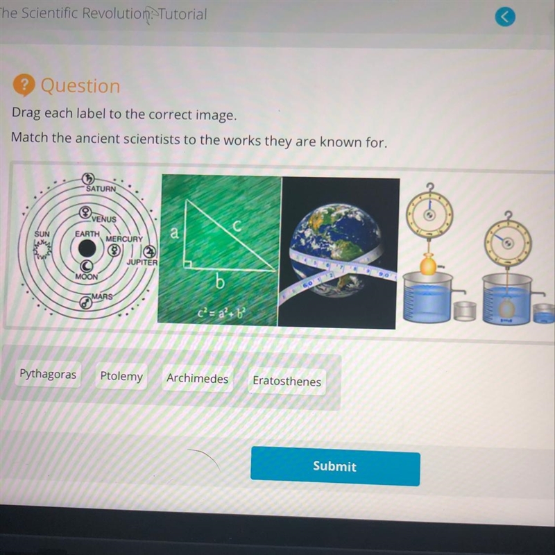 Drag each label to the correct image. Match the ancient scientists to the works they-example-1