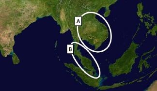 The areas labeled by A and B on the map above are the __________. Irrawaddy Peninsula-example-1