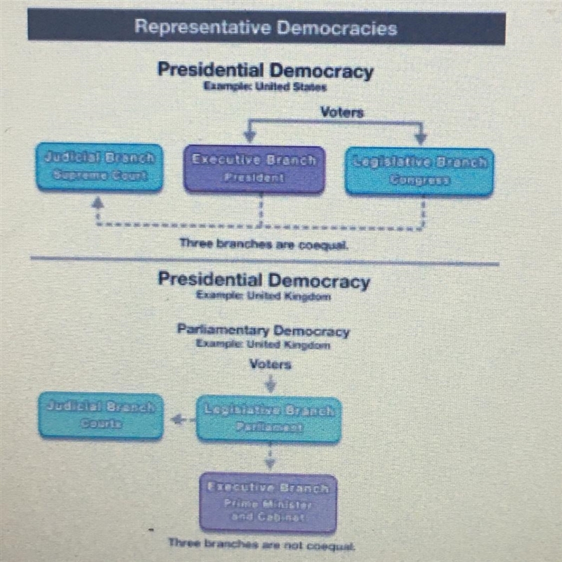 Based on the chart, whom do voters directly elect in a parliamentary democracy? A-example-1