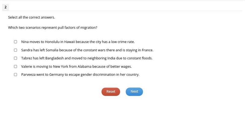 Please help and give right answer which two scenarios represent pull factors of migration-example-1