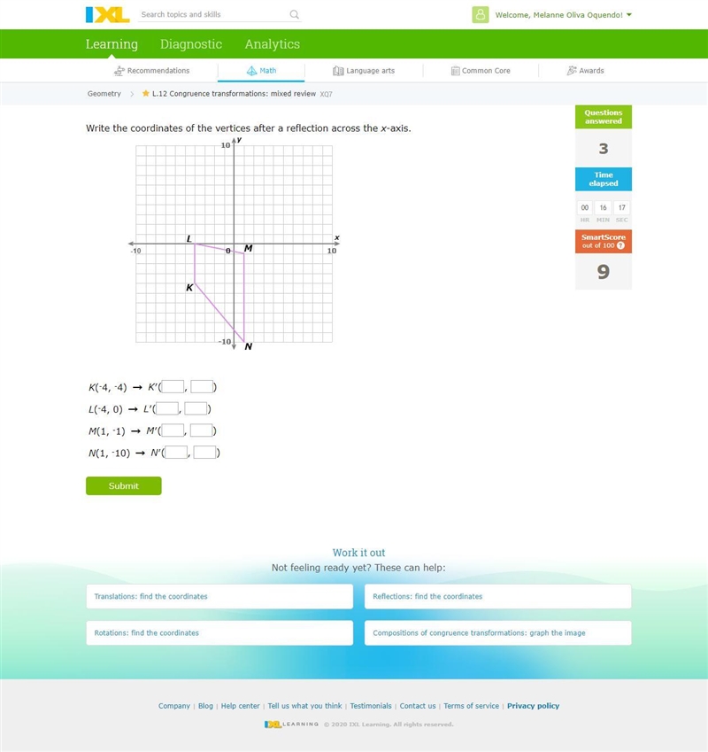 Write the coordinates of the vertices after a reflection across the x-axis. please-example-1