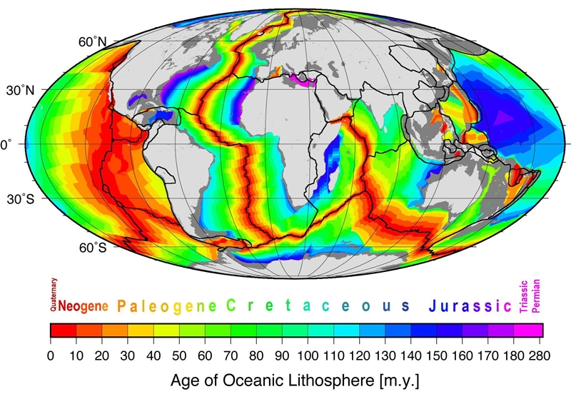 Using the sea floor map below, explain where the sea floor is growing the fastest-example-1