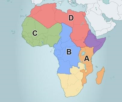 Which region is marked with the letter B? Southern Africa Central Africa West Africa-example-1